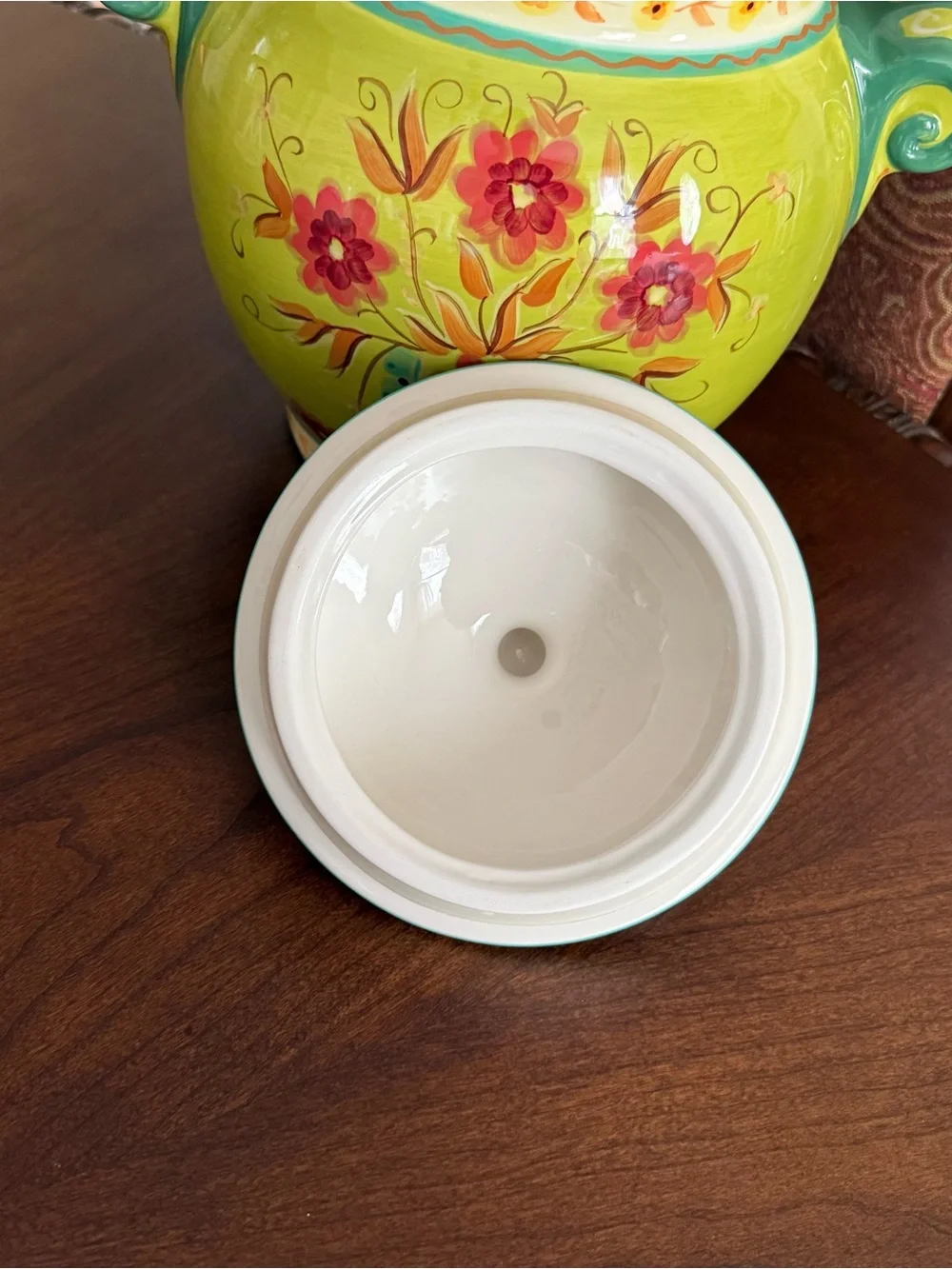 Pier 1 Hand-Painted Ceramic Cookie Jar Canister Lime Green Floral Lid w/Seal 12”